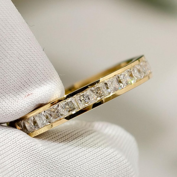 Princess Cut Colorless Moissanite Wedding Band, Antique Channel Set Half Eternity Matching Band For Anniversary Ring, Dainty Moissanite Band