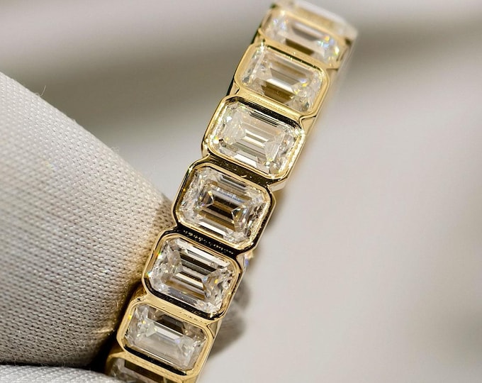 Emerald Cut Bezel Set Moissanite Wedding Band, Full Eternity Stackable Promise Band, Solid Yellow Gold Luxurious Anniversary Gift