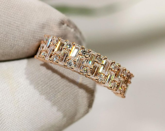 Round And Baguette Cut Moissanite Wedding Band, Double Row Half Eternity Cluster Diamond Stackable Matching Band, Custom Handmade Jewelry