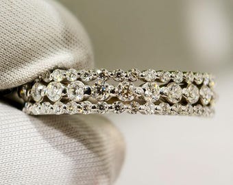 Round Cut Moissanite Wedding Band, Half Eternity Three Raw Pave Anniversary Gift