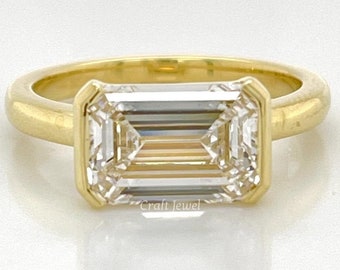 2 CT Emerald Cut Moissanite Engagement Ring, Half Bezel Set Wedding Ring, East West Anniversary Ring For Her, Promise Ring, Gift For Women