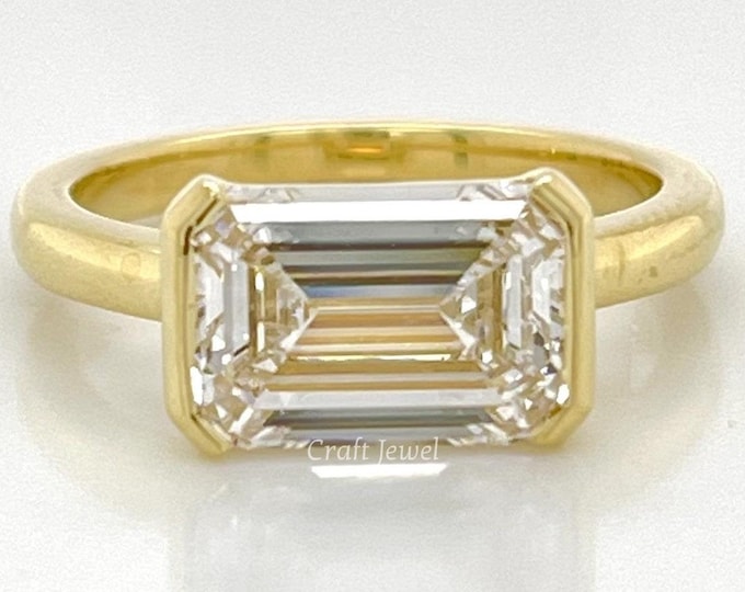 2 CT Emerald Cut Moissanite Engagement Ring, Half Bezel Set Wedding Ring, East West Anniversary Ring For Her, Promise Ring, Gift For Women