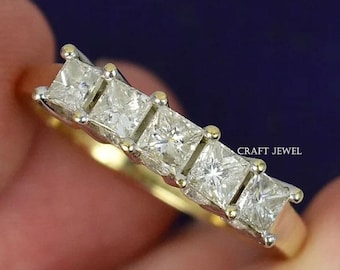 1.25 CTW Princess Five Stone Ring, Solid Gold Wedding Band Women, 5 Stone Square Ring, Stacking Bands for Rings, Moissanite Wedding Ring