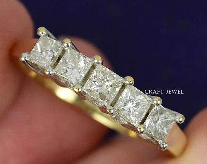 1.25 CTW Princess Five Stone Ring, Solid Gold Wedding Band Women, 5 Stone Square Ring, Stacking Bands for Rings, Moissanite Wedding Ring