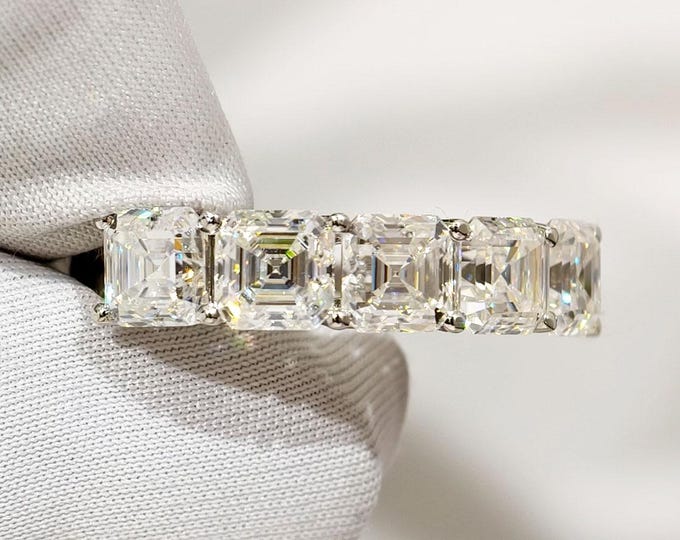 Five Stone Asscher Cut Moissanite Eternity Band, Square Shape Diamond Wedding Band, Luxurious Anniversary Gift, Stackable Elegant Jewelry