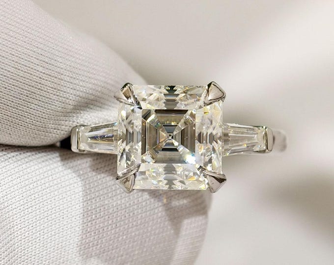 Asscher Cut Moissanite Engagement Ring With Tapered Baguette Side Diamond, Elegant Three Stone Wedding Ring, Classic Bridal Jewelry Gift