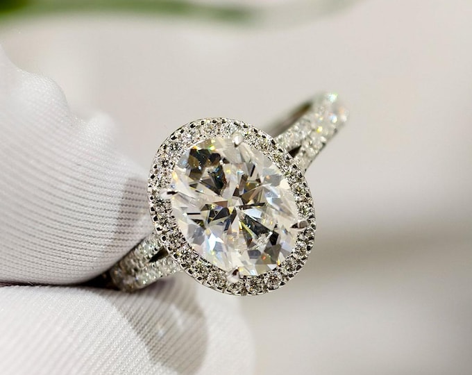 Oval Cut Colorless Moissanite Engagement Ring, Pave Split Shank Wedding Ring, 14K Gold Anniversary Gift, Designer Halo Style Celebrity Ring
