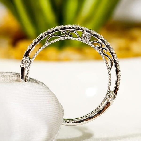 Antique Art Deco Wedding Bands Women, Vintage Milgrain Band, Filigree Anniversary Band Ring, Unique Stackable Rings, Bridal Matching Band