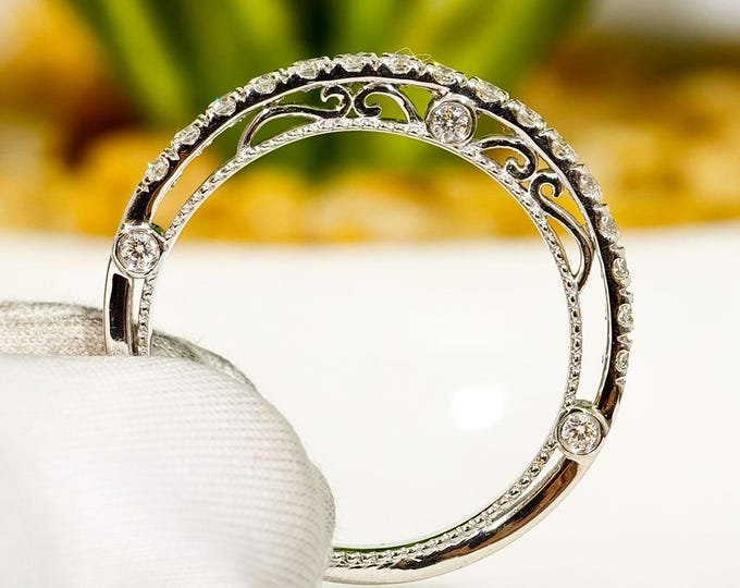 Antique Art Deco Wedding Bands Women, Vintage Milgrain Band, Filigree Anniversary Band Ring, Unique Stackable Rings, Bridal Matching Band