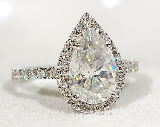 Pear Cut Halo Moissanite Engagement Ring, Teardrop Solitaire Wedding Ring, 14K White Gold Elegant Anniversary Gift For Women