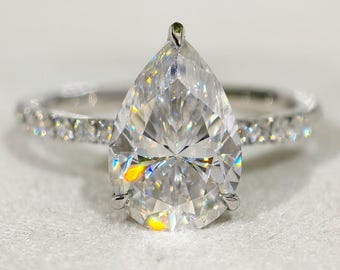 Pear Cut Colorless Moissanite Engagement Ring, Three Claw Prong Pave Setting Anniversary Ring, 14K Solid White Gold Hidden Halo Wedding Ring