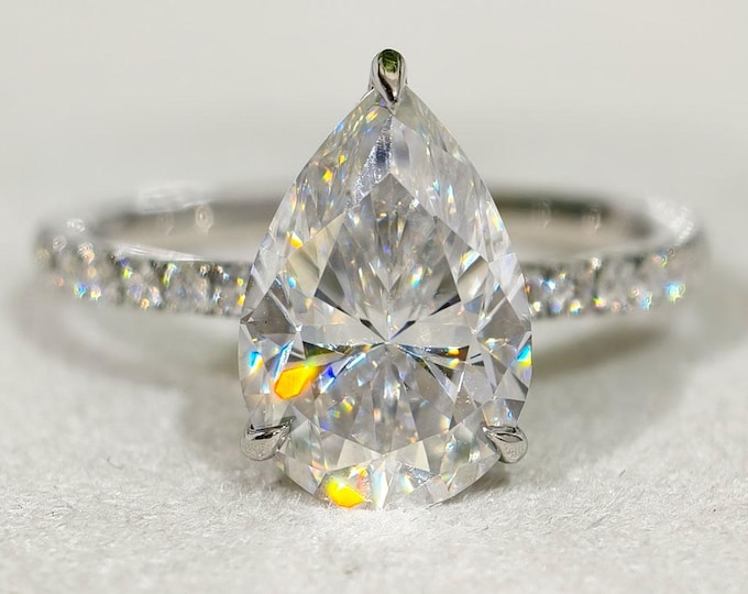 Pear Cut Colorless Moissanite Engagement Ring, Three Claw Prong Pave Setting Anniversary Ring, 14K Solid White Gold Hidden Halo Wedding Ring