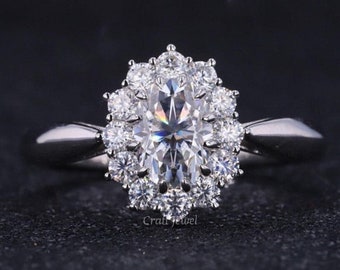 Oval Cut Moissanite Halo Anniversary Ring, Oval and Round Cut Moissanite Halo Wedding Ring.  Starburst Ring for her Anniversary Gift.