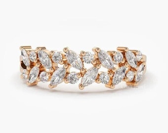 Marquise And Round Cut Moissanite Wedding Band, 14K Solid Gold Promise Band, Two Row Half Eternity Anniversary Band, Cluster Stackable Band