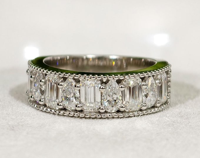 Pear And Emerald Cut Moissanite Band, Half Eternity Wedding Band, Art Deco Anniversary Band, Shared Prong Minimalist Stacking Band Gift Band