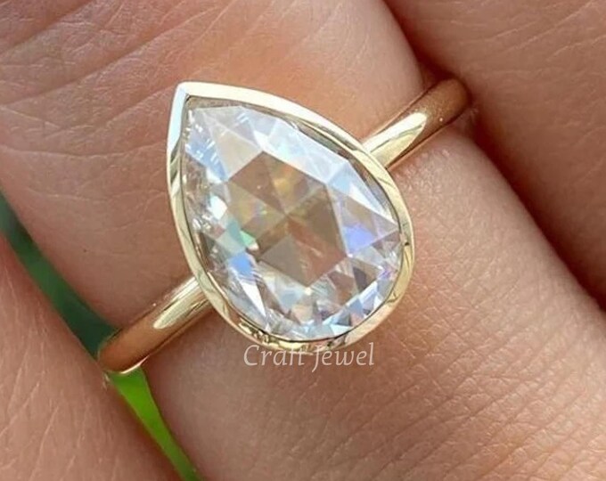2.50 CT Pear Rose Cut Solitaire Moissanite Ring Signature Bezel Moissanite Ring Bezel Moissanite Wedding Ring Solid Yellow Gold Ring For Her
