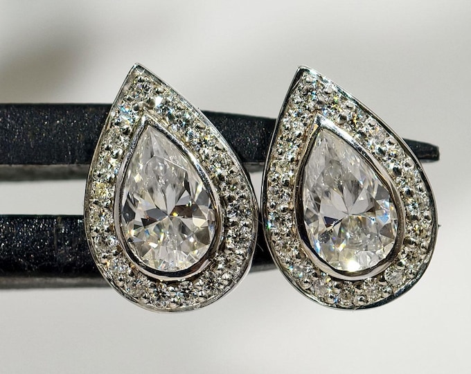 Teardrop Moissanite Earrings, Pear Cut Bezel Set Earrings, Unique Halo Setting Anniversary Earrings For Wife, Minimal Bridal Jewelry