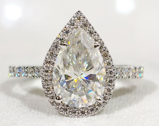 Pear Cut Halo Lab Grown Diamond Ring, 3 CT Teardrop Engagement Ring, 14k White Gold Designer Ring, IGI Certified CVD Grown Diamond Ring
