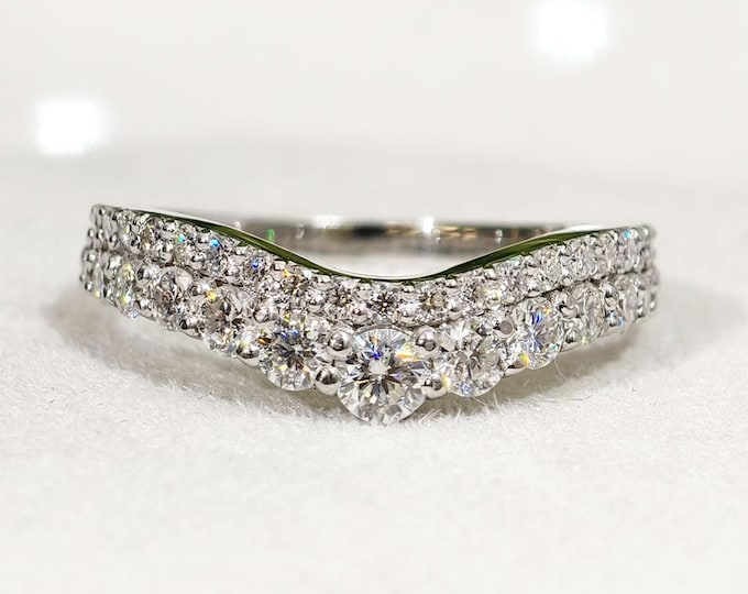 Round Cut Colorless Moissanite Tiara Style Wedding Band, Vintage Chevron Stacking Matching Band, Curved Half Eternity V Shape Promise Band