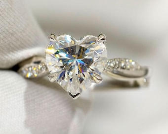 Heart Cut Moissanite Engagement Ring, 14K White Gold Twisted Band Statement Ring, Unique Prong Setting Proposal Ring