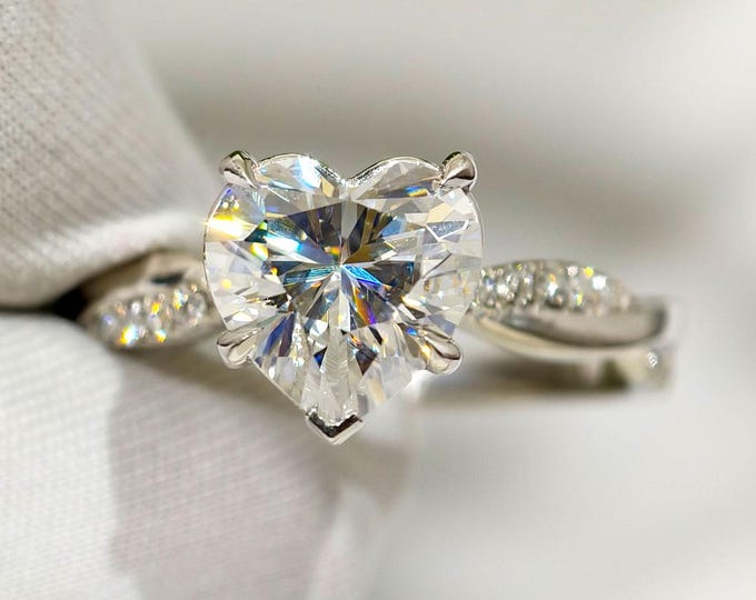 Heart Cut Moissanite Engagement Ring, 14K White Gold Twisted Band Statement Ring, Unique Prong Setting Proposal Ring