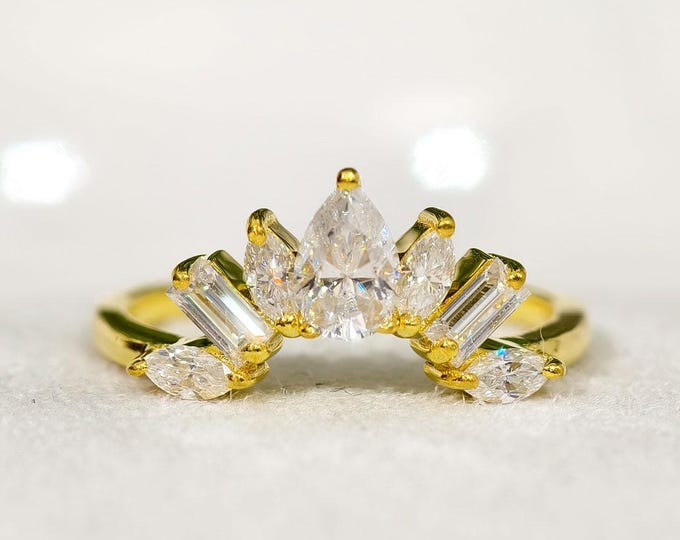 Pear Shape Outline Curved Wedding Band, Teardrop Cut Colorless Moissanite Band, Matching Half Eternity Band, Luxurious Stackable Gold Band