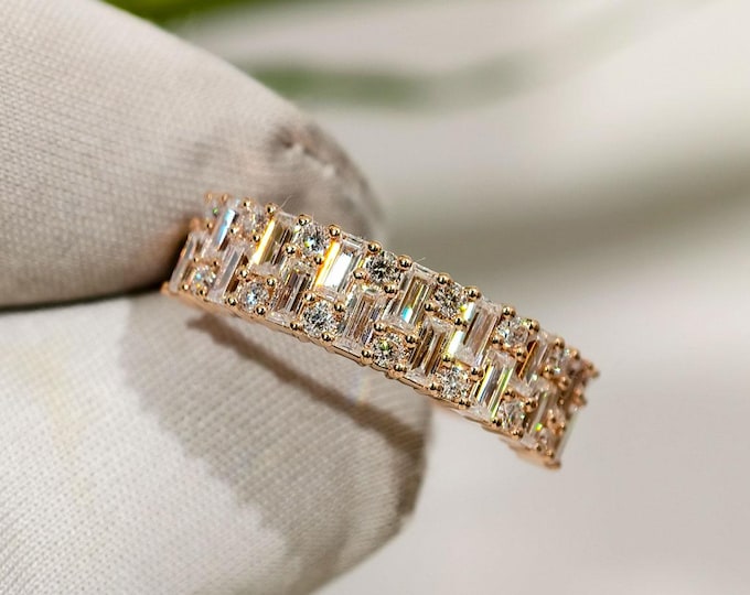 Moissanite Diamond Rose Gold Half Eternity Wedding Band, Baguette And Round Cut Shared Prong Set Anniversary Band