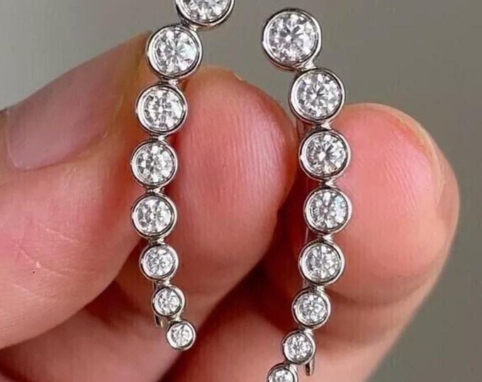 Dazzling Round Cut Dangle Drop Moissanite Earrings, Round Cut Bezel Set Single Line Earrings With Bezel Set, Round Cut Engagement Earrings