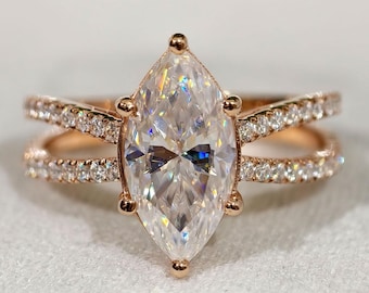 2.50 Carat Marquise Cut Moissanite Engagement Ring, Unique Reverse Split Shank Pavé Wedding Ring, 14K Solid Rose Gold Statement Jewelry