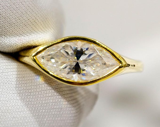 East West Marquise Cut Moissanite Engagement Ring, Horizontal Diamond Bezel Set Wedding Ring, Classic Solitaire Anniversary Gift For Wife