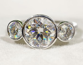 Bezel Set Round Cut Moissanite Wedding Ring For Women, Three Stone Engagement Ring, Solid Gold Trilogy Diamond Celebrity Style Proposal Ring
