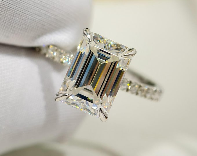 3Ct Emerald Cut Moissanite Engagement Ring Designer Invisible Halo Wedding Ring For Women Solitaire With Accent Anniversary Gift In 14K Gold