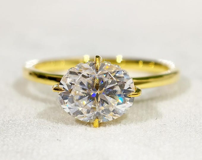 Oval Cut Moissanite Engagement Ring, East West Solitaire Diamond Wedding Ring, Compass Prong Setting Hidden Halo Handmade Bridal Jewelry