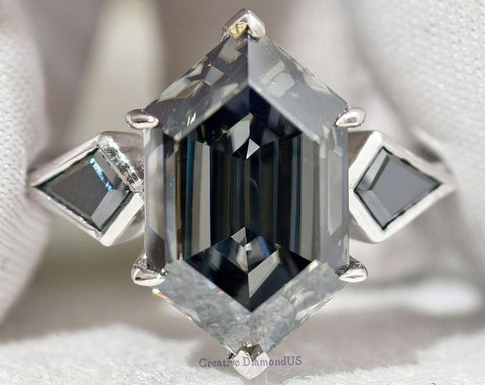 Hexagon Dutch Marquise Step Cut Grey Moissanite Engagement Ring, Three Stone Wedding Ring Side Kite Cut Ring, Luxurious Custom Birthday Gift