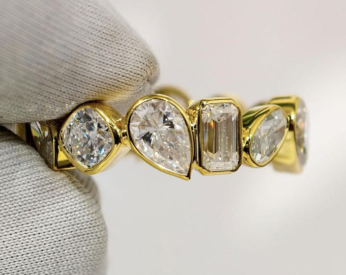 Moissanite Diamond Eternity Band: Gold Multi-Shape Wedding Ring