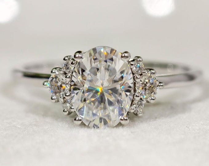 Oval Cut Colorless Moissanite Engagement Ring, Cluster Diamond Proposal Ring For Women, 14K White Gold Seven Stone Luxurious Wedding Ring