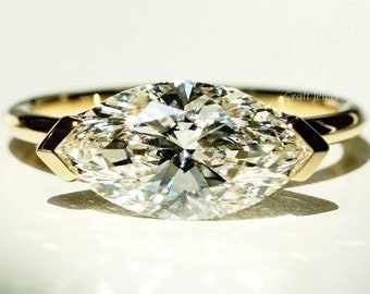 East To West Marquise Cut Moissanite Engagement Ring, 1 CT Marquise Diamond knife Edge Anniversary Ring, V Prong Set Solitaire Wedding Ring