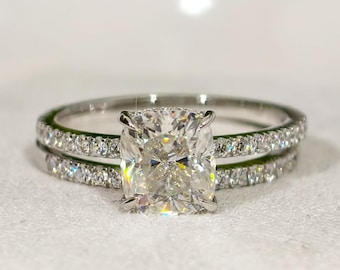 2.5 CT Cushion Cut Real Moissanite Engagement Ring 14k White Gold Cushion Solitaire Anniversary Ring Set Cushion Bridal Ring for Women