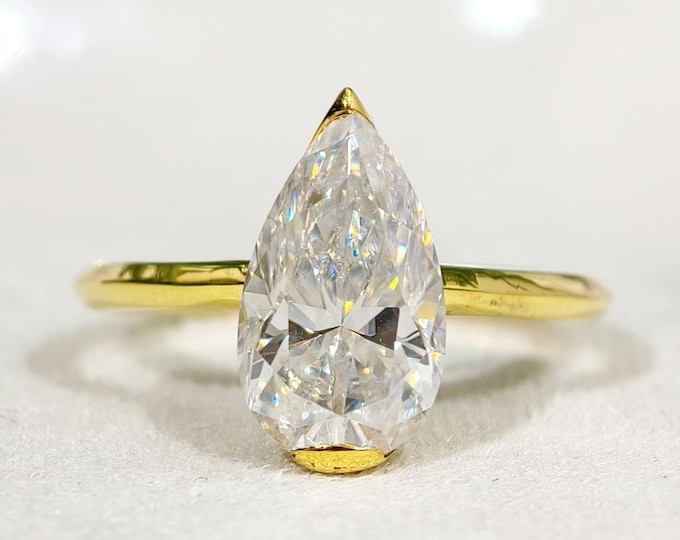 2.50 CT Pear Cut Moissanite Half Bezel Setting Engagement Ring, 14K Solid Yellow Gold Solitaire Diamond Wedding Ring, Unique Proposal Ring