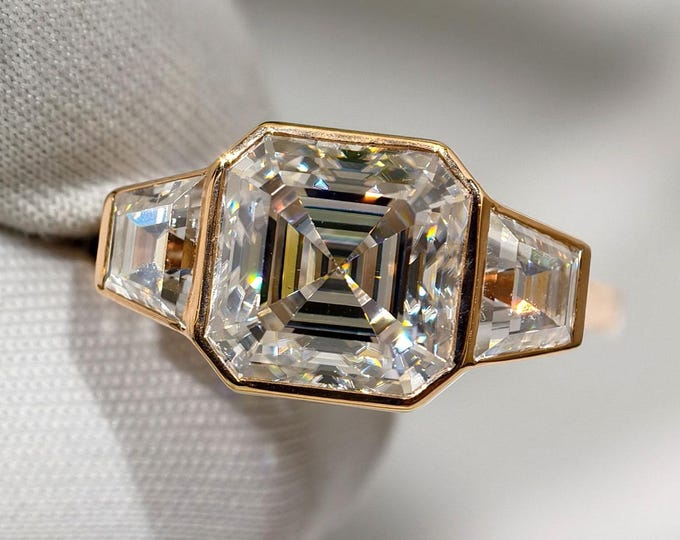 3 Ct Asscher Cut Moissanite Engagement Ring, Three Stone Bezel Setting Wedding Ring, 14K Solid Rose Gold Luxury Anniversary Gift For Wife