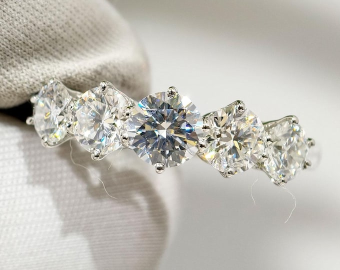 Round Cut Five-Stone Moissanite Wedding Ring with Unique Prong Setting Stacking Engagement Ring, Anniversary Gift for Her