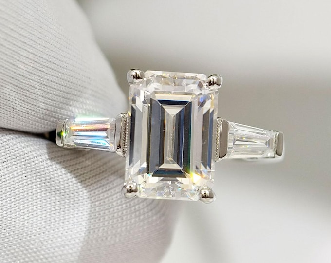 Three Stone Wedding Ring, 3 Ct Emerald Cut Moissanite Engagement Ring, Trilogy Diamond Proposal Ring For Her