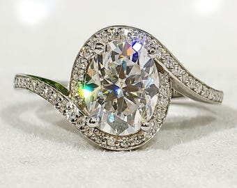 Bypass Shank Oval Cut Halo Moissanite Diamond Engagement Ring, Unique Swirl Style Pave Set Wedding Ring, Modern Statement Jewelry