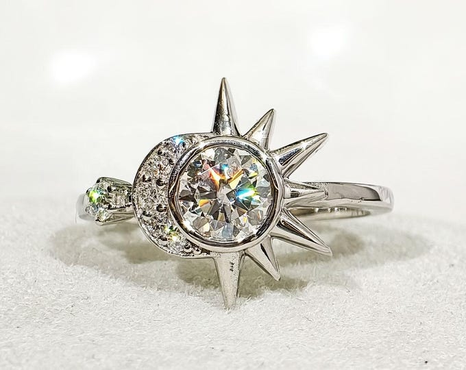 Round Cut Moissanite Engagement Ring, Celestial Sun & Crescent Moon Designer Wedding Ring, Vintage Style Custom Proposal Ring For Your Love