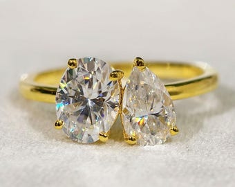 Toi Et Moi Engagement Ring Oval And Pear Cut Moissanite Two Stone Wedding Ring Double Stone Anniversary  Ring Unique Bridal Jewelry For Her