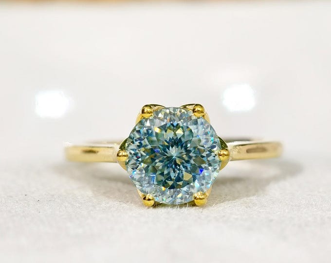 Portuguese Cut Blue Moissanite Engagement Ring, Six Petal Prong Solitaire Wedding Ring, Sparkling Round Diamond Anniversary Gift For Her