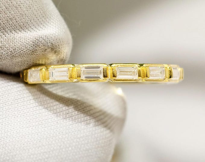 Horizontal Baguette Cut Moissanite Wedding Band, 14K Solid Gold Half Eternity Stackable Matching Anniversary Band, Birthday Gift For Her