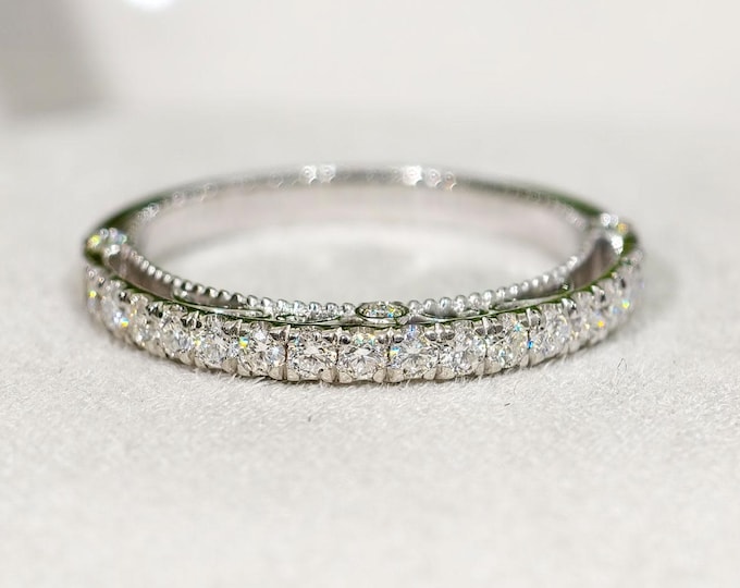 Round Cut Moissanite Diamond Wedding Band, Vintage Style Filigree Solid White Gold Promise Band, Milgrain Art Deco Luxury Stacking Band