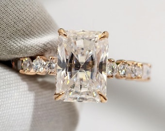 Radiant Cut Moissanite Engagement Ring, Side Round And Baguette Diamond Pave Set Wedding Ring, Unique Hidden Halo Custom Handmade Jewelry