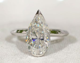 Pear Cut Moissanite Engagement Ring, Half Bezel Set Solitaire Teardrop Diamond Wedding Ring, 14K Solid Gold Luxurious Anniversary Gift